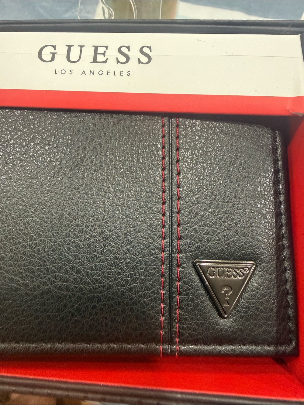GUESS Black Bi-Fold Card Wallet with Red Interior Accent